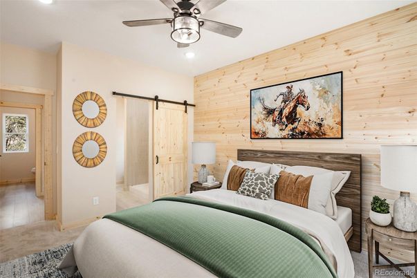 Bedroom, Interior, Recessed Lighting, Wood Texture Flooring, Wooden Walls