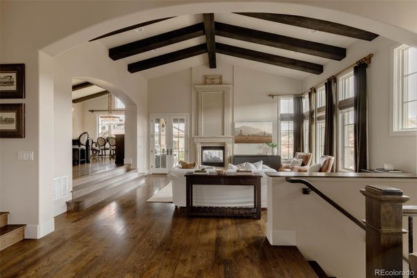 Dining room, Fireplace, Interior, Living room, Pendant Lights, Wooden Beams, Wood Texture Flooring