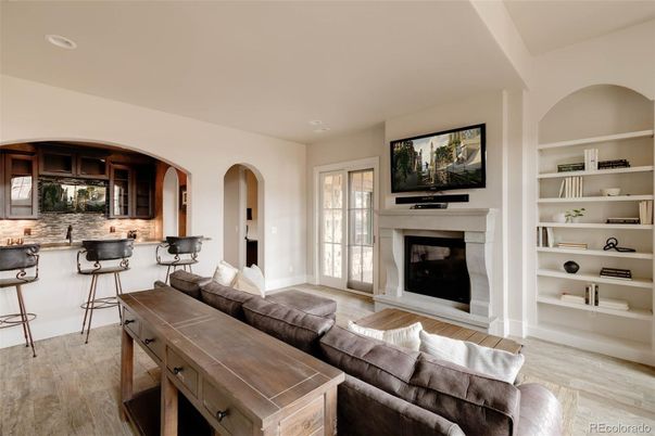 Fireplace, Interior, Living room, Recessed Lighting, Wood Texture Flooring