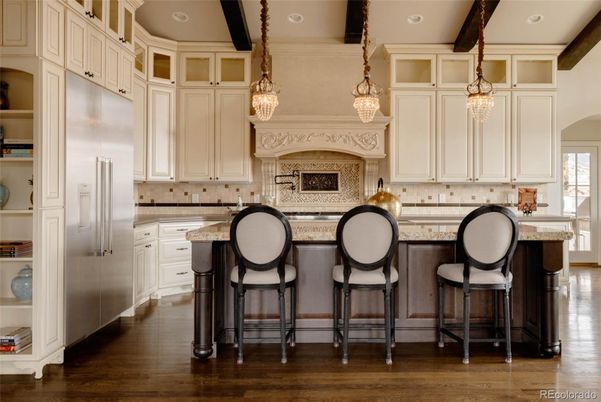 Interior, Kitchen, Pendant Lights, Recessed Lighting, Stainless Steel Appliances, Wooden Beams, Wood Texture Flooring