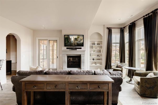 Fireplace, Interior, Living room, Recessed Lighting, Wood Texture Flooring