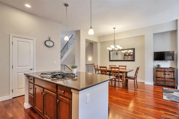 Chandelier, Dining room, Interior, Kitchen, Pendant Lights, Recessed Lighting, Wood Texture Flooring