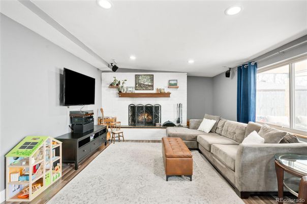 Fireplace, Interior, Living room, Recessed Lighting, Wood Texture Flooring
