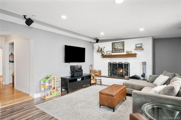 Fireplace, Interior, Living room, Recessed Lighting, Wood Texture Flooring