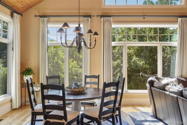 Dining room, Interior, Pendant Lights, Wood Texture Flooring