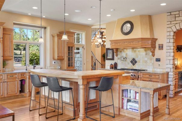 Interior, Kitchen, Pendant Lights, Recessed Lighting, Stone Walls, Wood Texture Flooring