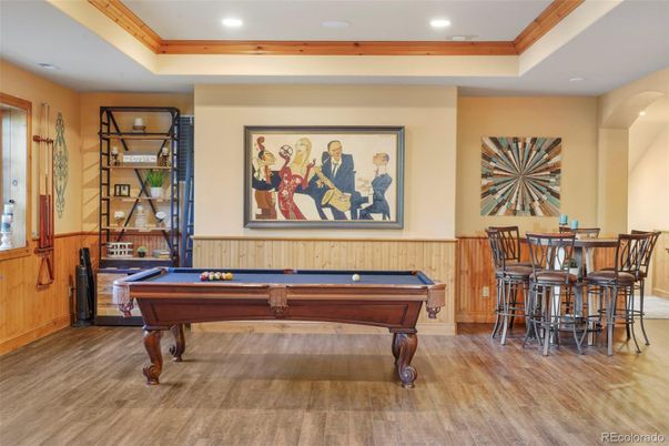 Billiard Table, Game Room, Interior, Recessed Lighting, Wood Texture Flooring