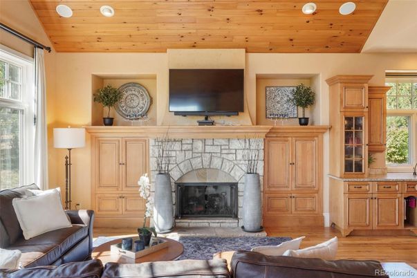 Fireplace, Interior, Living room, Recessed Lighting, Wooden Ceilings, Wood Texture Flooring