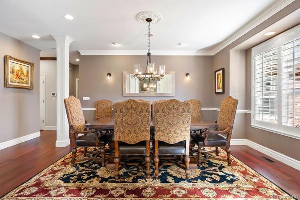 Chandelier, Dining room, Interior, Recessed Lighting, Wood Texture Flooring