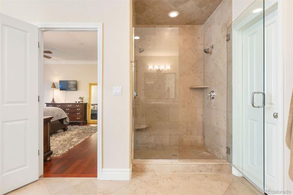 Bathroom, Bedroom, Glass Shower, Interior, Recessed Lighting, Wood Texture Flooring