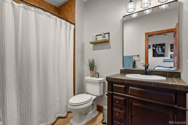 Bathroom, Interior, Tile Countertops, Wood Texture Flooring