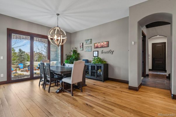 Chandelier, Dining room, Interior, Pendant Lights, Wood Texture Flooring