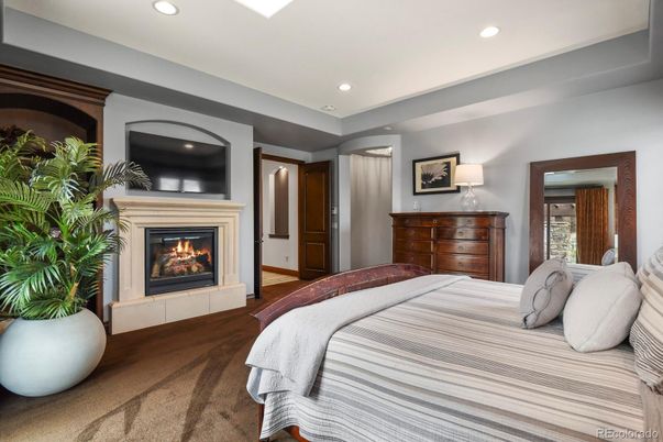 Bedroom, Fireplace, Interior, Recessed Lighting, Wood Texture Flooring
