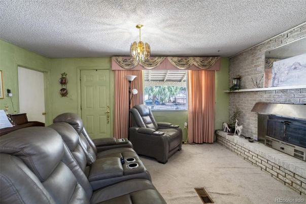 Chandelier, Home Theatre Room, Fireplace, Interior, Living room, Stone Walls