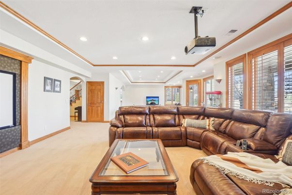 Interior, Living room, Projection Screen, Recessed Lighting, Theatre Room, Wood Texture Flooring