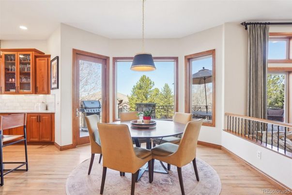 Dining room, Interior, Pendant Lights, Recessed Lighting, Wood Texture Flooring