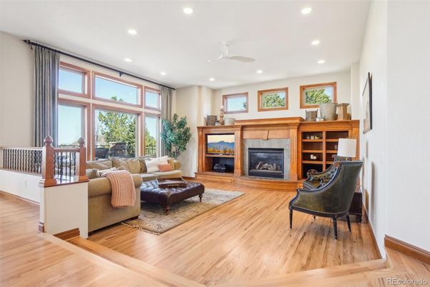 Fireplace, Interior, Living room, Recessed Lighting, Wood Texture Flooring