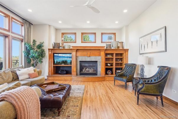 Fireplace, Interior, Living room, Recessed Lighting, Wood Texture Flooring