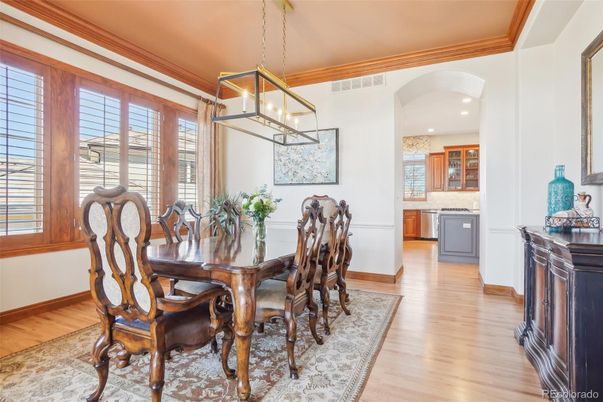 Dining room, Interior, Kitchen, Pendant Lights, Recessed Lighting, Wood Texture Flooring