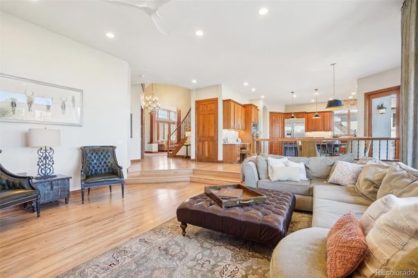 Chandelier, Interior, Kitchen, Living room, Pendant Lights, Recessed Lighting, Wood Texture Flooring