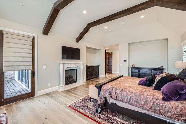 Bedroom, Fireplace, Interior, Recessed Lighting, Wooden Beams, Wood Texture Flooring