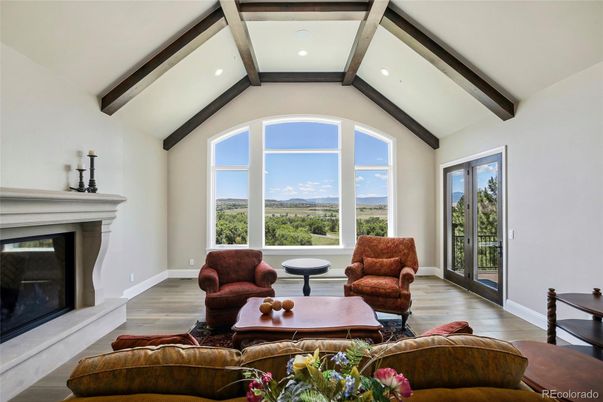 Fireplace, Interior, Living room, Recessed Lighting, Wooden Beams, Wood Texture Flooring
