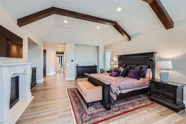 Bedroom, Fireplace, Interior, Recessed Lighting, Wooden Beams, Wood Texture Flooring
