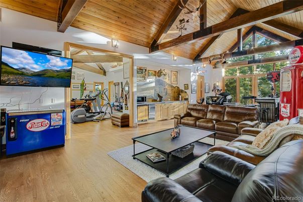 Fitness Equipment, Interior, Living room, Wooden Beams, Wooden Ceilings, Wood Texture Flooring