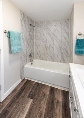 Bathroom, Interior, Marble Walls, Wood Texture Flooring