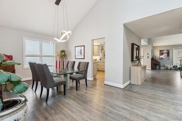 Dining room, Interior, Pendant Lights, Wood Texture Flooring