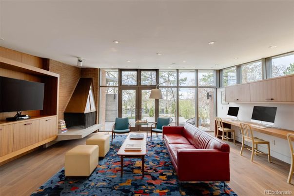 Fireplace, Home Office, Interior, Living room, Recessed Lighting, Wood Texture Flooring