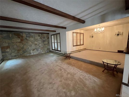 Chandelier, Empty room, Interior, Stone Walls, Wooden Beams