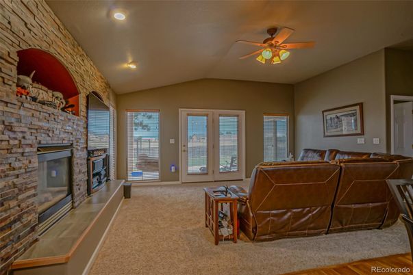 Fireplace, Interior, Recessed Lighting, Stone Walls
