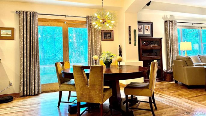 Dining room, Interior, Pendant Lights, Wood Texture Flooring