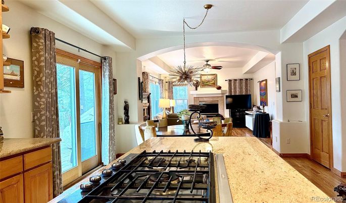 Fireplace, Interior, Kitchen, Living room, Pendant Lights, Wood Texture Flooring
