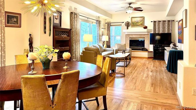Dining room, Fireplace, Interior, Living room, Pendant Lights, Wood Texture Flooring