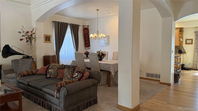 Chandelier, Dining room, Interior, Living room, Recessed Lighting, Wood Texture Flooring