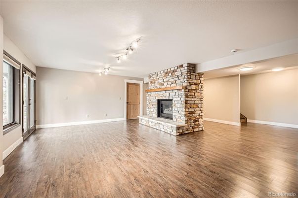 Empty room, Fireplace, Interior, Stone Walls, Wood Texture Flooring