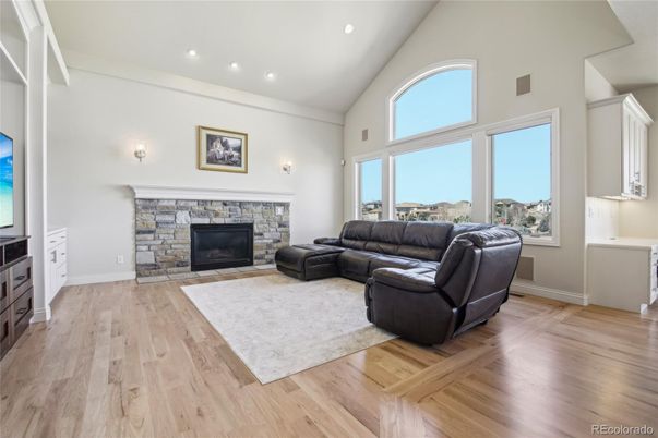 Fireplace, Interior, Living room, Recessed Lighting, Wood Texture Flooring