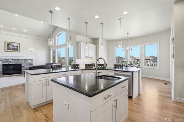 Fireplace, Interior, Kitchen, Pendant Lights, Recessed Lighting, Wood Texture Flooring