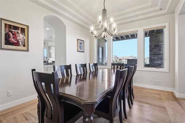 Chandelier, Dining room, Interior, Pendant Lights, Wood Texture Flooring