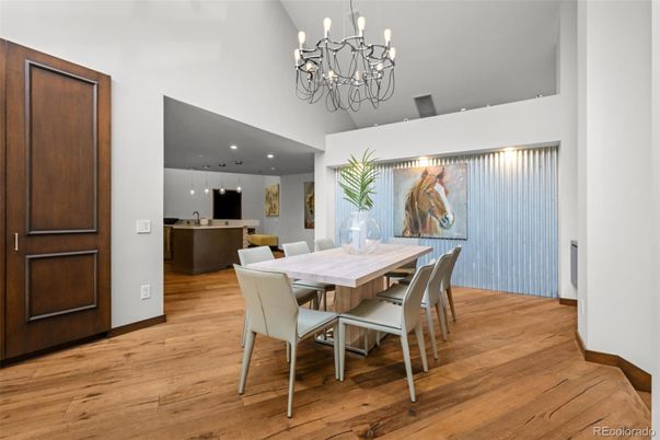 Chandelier, Dining room, Interior, Kitchen, Pendant Lights, Recessed Lighting, Wood Texture Flooring