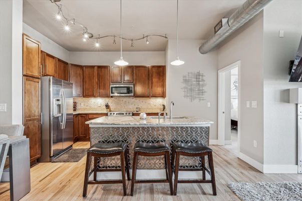 Interior, Kitchen, Pendant Lights, Stainless Steel Appliances, Wood Texture Flooring