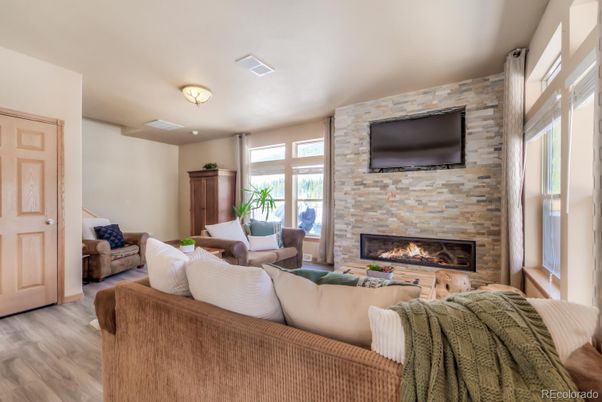 Fireplace, Interior, Living room, Stone Walls, Wood Texture Flooring
