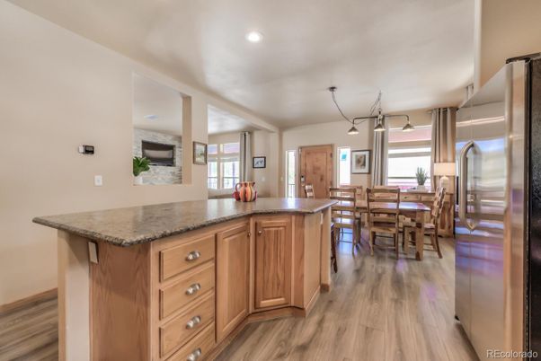 Dining room, Interior, Kitchen, Pendant Lights, Recessed Lighting, Wood Texture Flooring