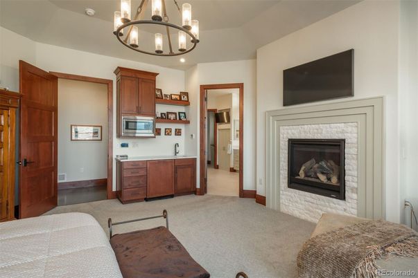 Chandelier, Fireplace, Interior, Kitchen, Wood Texture Flooring