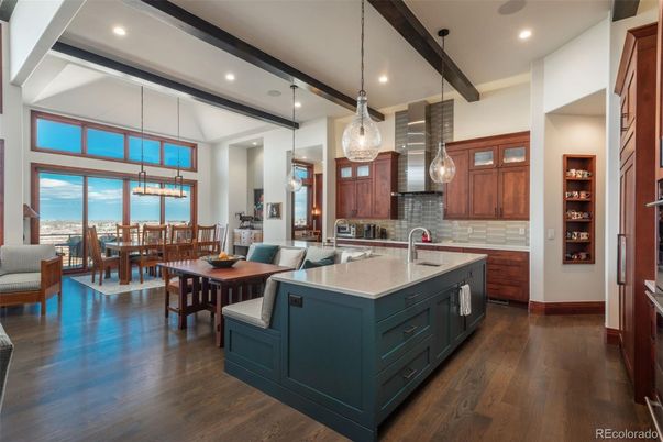 Dining room, Interior, Kitchen, Pendant Lights, Recessed Lighting, Stainless Steel Appliances, Water, Wooden Beams, Wood Texture Flooring
