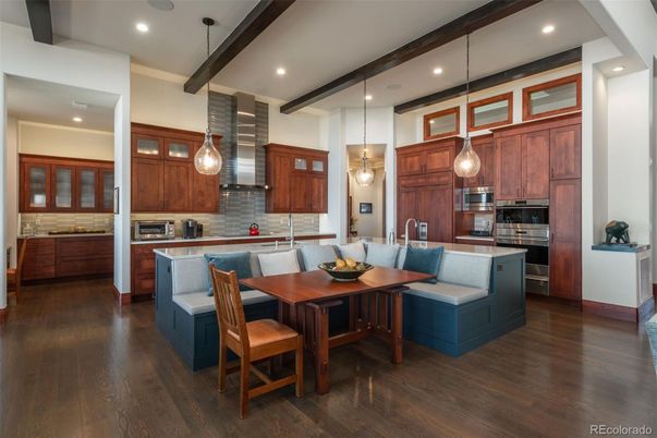 Dining room, Interior, Kitchen, Pendant Lights, Recessed Lighting, Stainless Steel Appliances, Wooden Beams, Wood Texture Flooring
