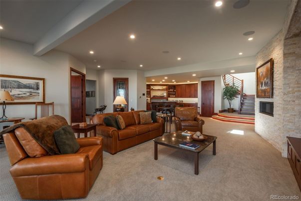 Dining room, Fireplace, Interior, Kitchen, Living room, Pendant Lights, Recessed Lighting, Stone Walls