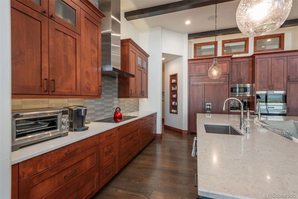 Interior, Kitchen, Pendant Lights, Recessed Lighting, Stainless Steel Appliances, Wooden Beams, Wood Texture Flooring